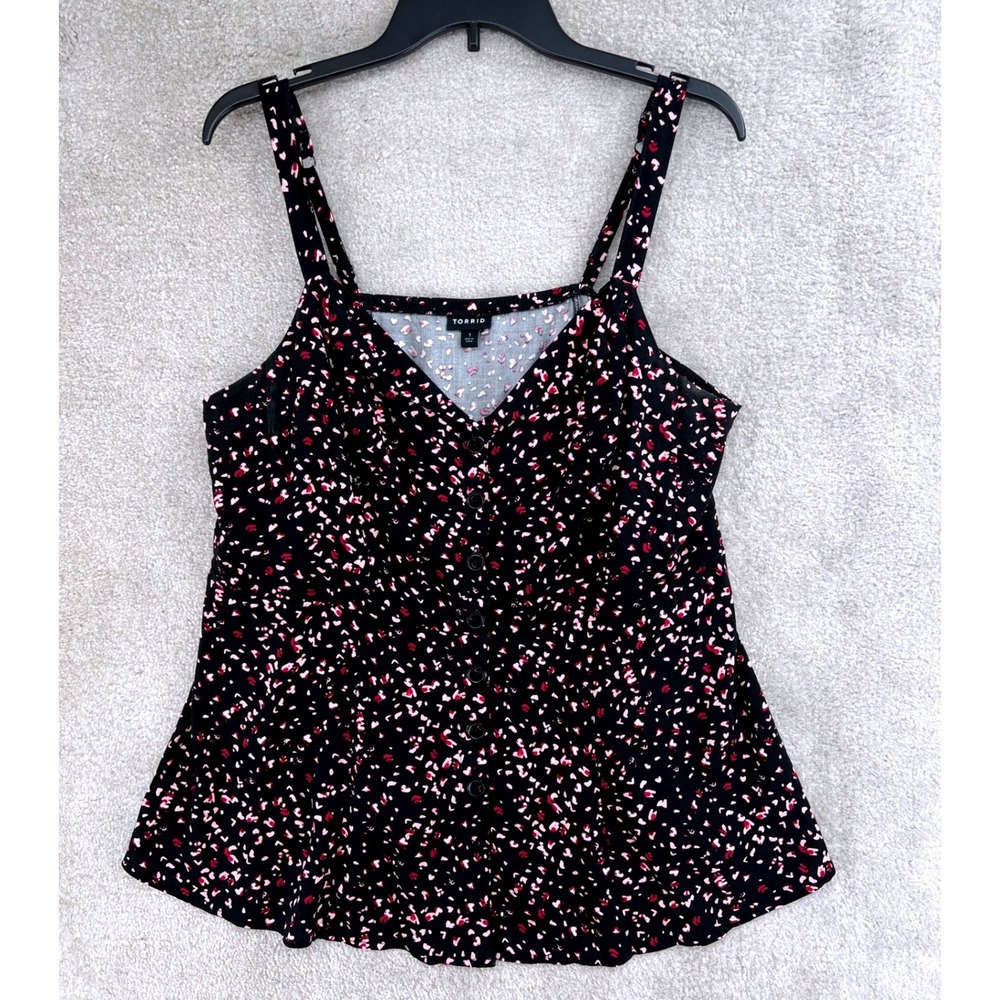Torrid Cami Top Size 1X Black Pink Heart Print Button Peplum Whimsigoth Romantic